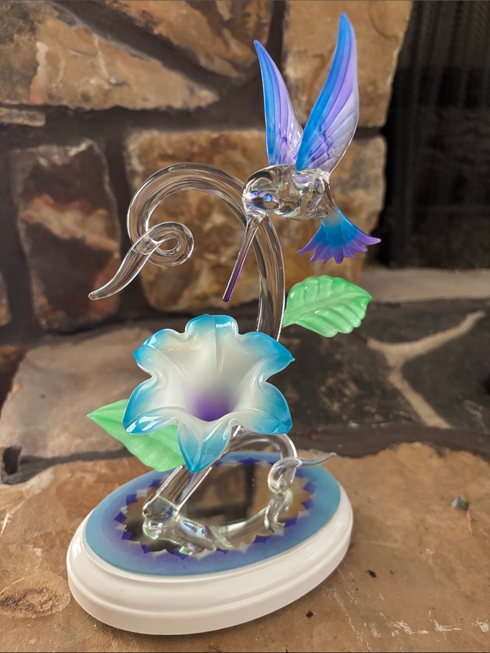 Glass Hummingbird and Morning Glory Figurine - Blue/Purple